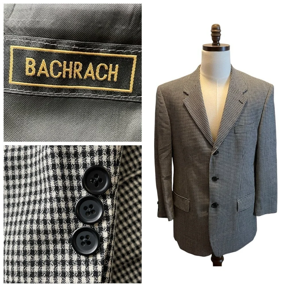 Bachrach Suit Blazer Jacket Sport Coat Black White Size 42R Wool Check Office